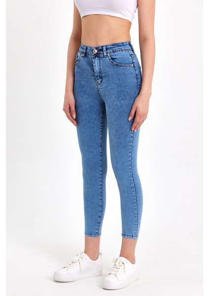 Toparlayıcı Kumaş Yüksek Bel Mavi Skinny Jean