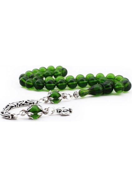 925 Ayar Gümüş Sığırcık Kesim Yeşil Renk Sıkma Kehribar Tesbih
