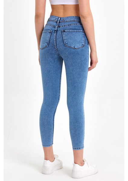 Toparlayıcı Kumaş Yüksek Bel Mavi Skinny Jean