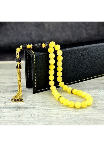 Altın Kaplamalı Gümüş Püsküllü Damla Kehribar Tesbih