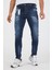 Erkek Slim Fit Likralı Tırnaklı Koyu Mavi Kot Pantolon 4