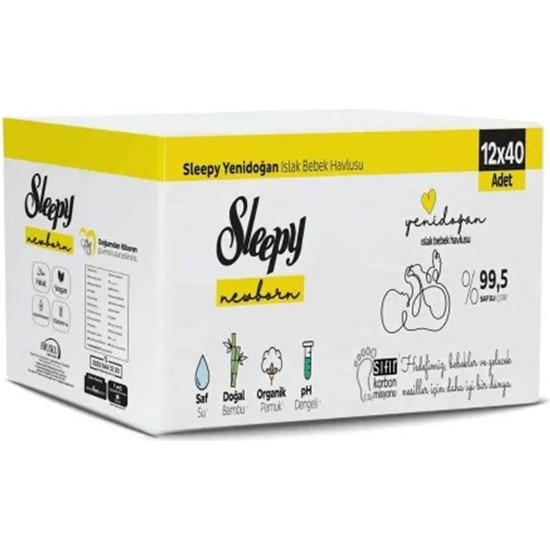 Sleepy Yenidoğan Islak Mendil 12x40lı 480 Yaprak Alkol İçermez Doğal Pamuk Lifleriyle Hipoalerjenik