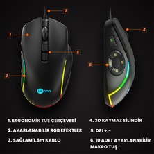 Lenovo Lecoo MS140 Kablolu RGB LED Aydınlatmalı 6400DPI 10 Makro Tuşlu 500Hz Gaming Mouse Siyah