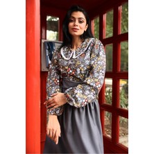 Küçüğüm Butik Vintage Siyah-Mavi Çiçekli Bebe Yaka Dantelli Poplin Bluz