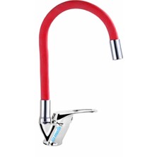 Elmina Armatür Kırmızı Spiral Oynar Borulu Mutfak Eviye Bataryası Çeşmesi Musluğu Çift Su Girişli