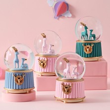 Keyfim Shop Pembe-Geyikli Orta Boy Işıklı Müzikli Kar Küresi ve Lotus Çiçeği Kolye