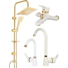 Elmina Armatür Gold Altın Kare Robot Seti, Beyaz Gold Banyo, Lavabo, Mutfak Bataryası Musluğu Çeşmesi 4'lü Set