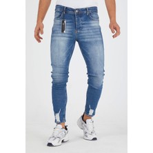 Conbay Murratto Erkek Slim Fit Likralı Paça Yırtık Buz Mavi Kot Pantolon