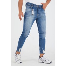 Conbay Murratto Erkek Slim Fit Likralı Paça Yırtık Buz Mavi Kot Pantolon