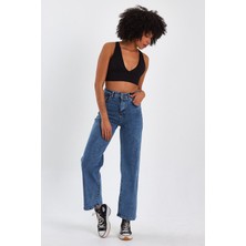 VivaJoy Palazzo-Likralı Orta Mavi Kar Yıkama Yüksek Bel Salaş Palazzo Jeans