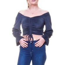 Sharin Kadife Kumaş Antrasit Büzgülü Crop Bluz 12D-6040