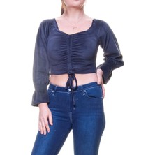 Sharin Kadife Kumaş Antrasit Büzgülü Crop Bluz 12D-6040