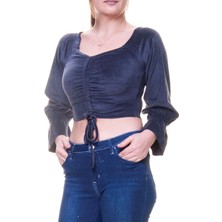 Sharin Kadife Kumaş Antrasit Büzgülü Crop Bluz 12D-6040