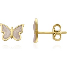 Fiyonk Kuyumculuk 14 Ayar Altın Beyaz Mineli Kelebek Küpe