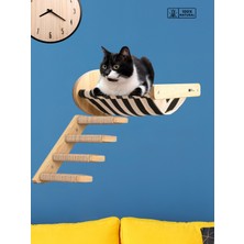 Kedi Yatağı, Kedi Yuvası, ve Kedi duvar yatağı, Kedi hamağı, + Sol Tip Kedi Tırmanma Merdiveni, 2li Ahşap Modern Set, BuShop Black Zebra Serisi