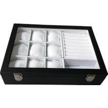 Özer Kutu Camlı Kapaklı Mix Yastıklı&rulo &bölmeli Takı Tablası Siyah Deri / Içi Beyaz