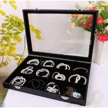 Özer Kutu Camlı  Kapaklı 12 Bölmeli Takı Tablası Siyah Süet