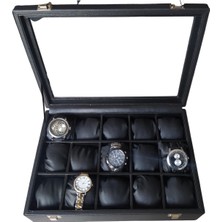 Özer Kutu Camlı Kapaklı 15 Li Deri Saatlik& Kelepçelik Kilitli Tablası Siyah /siyah Içi Deri