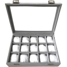 Özer Kutu Camlı  Kapaklı 15 Li Yastıklı Takı Tablası  Gri Süet