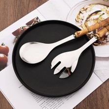 Wangchuang 2 Adet Gümüş Kaşık 2 Adet Gümüş Yemek Takımı Çatal Bıçak Takımı 304 Paslanmaz Çelik Ahşap Bambu Saplı Gıda Servis Salata Spork Sunucu Çatal Kaşık Sofra Seti (Yurt Dışından)