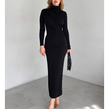 AB Looks Kadın Siyah Drapeli Vücuda Oturan Esnek Uzun Kollu Maxi Uzun Elbise