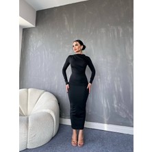 AB Looks Kadın Siyah Drapeli Vücuda Oturan Esnek Uzun Kollu Maxi Uzun Elbise