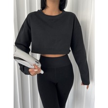 Daily Fashion Siyah Crop Bisiklet Yaka Sweatshirt Y2K Daily