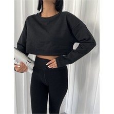 Daily Fashion Siyah Crop Bisiklet Yaka Sweatshirt Y2K Daily