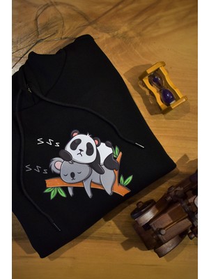 HGM Panda And Koala Özel Tasarım Oversize  Kanguru Kapşonlu Unisex Sweatshirt