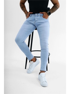 Outfit-Man Erkek Düz Yıkamalı Skinny Jean Açık Mavi