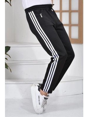 Maki 3 Şeritli Scuba Kumaş Paçası Lastikli Unisex Siyah Eşofman Altı Ucseritliscuba