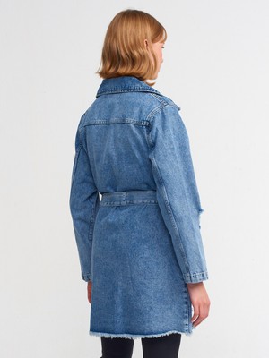 Dilvin 65336 Metal Düğmeli Denim Trençkot-Mavi