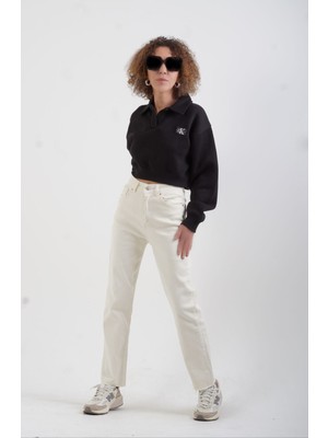 Zelish My Sister Ekru Paçası Dikişsiz Mom Fit Jean Pantolon