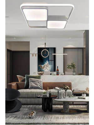 Ledmi Lighting Kare Model Beyaz LED Avize, 3 Renk Aydınlatmalı Kumandalı Dimmerli Modern Tavan Avizesi,salon,ofis Avizesi