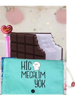 Hediye Vakti Love Döner Başlıklı Jel Tükenmez Kalem Hiç Mecalim Yok ve Kokulu Çikolata Defter