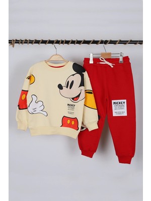 NSE Collection Unisex Çocuk Mickey Mouse Baskılı 3 Iplik Şardonsuz Kışlık Sweat ve Eşofman Alt Üst Takım