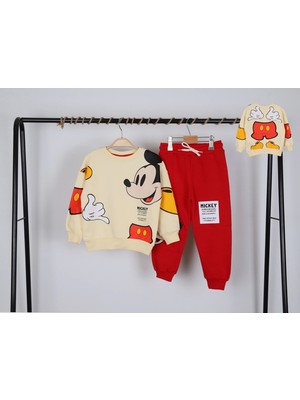 NSE Collection Unisex Çocuk Mickey Mouse Baskılı 3 Iplik Şardonsuz Kışlık Sweat ve Eşofman Alt Üst Takım