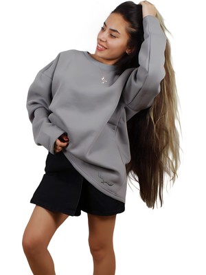 Ps Moda Yumuşak Pamuklu Kumaş Oversize Yuvarlak Yakalı Salaş Sweatshirt