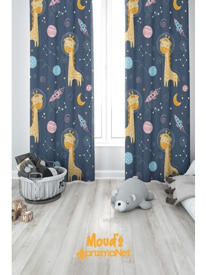 Moud's Uzaylı Zürafa Desenli Baskılı Çocuk ve Bebek Odası Fon Perde 2 Kanat - Prd-17