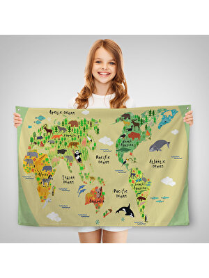 Teknoloji Bizde Eğitici Dünya Haritası Dünya Atlası Çocuk ve Bebek Odası Duvar Örtüsü-Halısı 3773