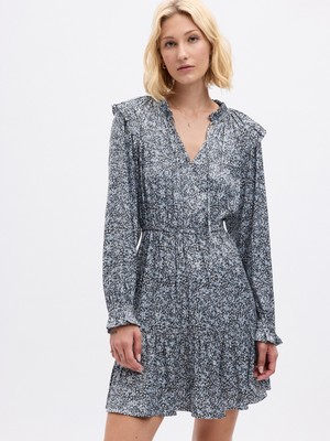 Gap Kadın Mavi Ayrık Yaka Kat Kat Desenli Mini Elbise