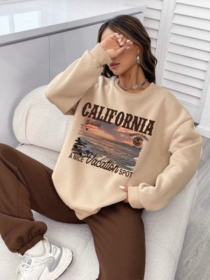 Trendseninle Kadın Vizon California Seaside Baskılı Oversize Alt Üst Eşofman Takımı