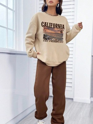 Trendseninle Kadın Vizon California Seaside Baskılı Oversize Alt Üst Eşofman Takımı