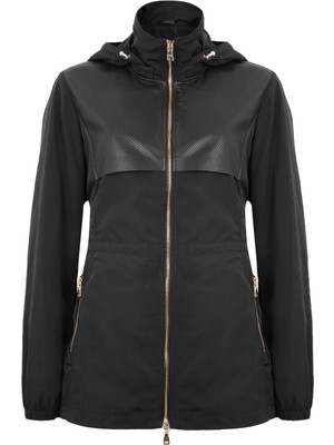 Desa Amoura Siyah Kadın Kapişonlu Su Itici Yağmurluk Deri Detaylı Şık Tasarım