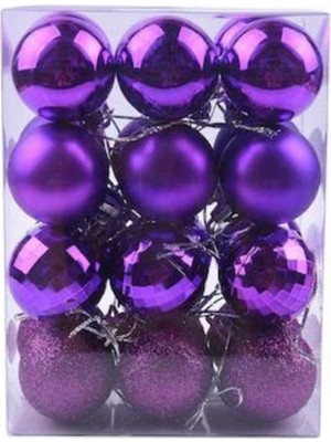 Parti Sürprizi Yılbaşı Çam Ağacı Mor Renk Top Süs 16 Adet 6 cm