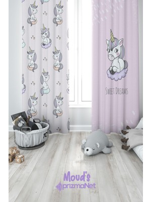 Moud's Uykucu Unicorn Desenli Baskılı Bebek ve Çocuk Odası Fon Perde 2 Kanat - Prd-31