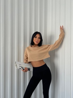 Daily Fashion Bej Crop Bisiklet Yaka Sweatshirt Y2K