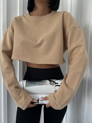 Daily Fashion Bej Crop Bisiklet Yaka Sweatshirt Y2K