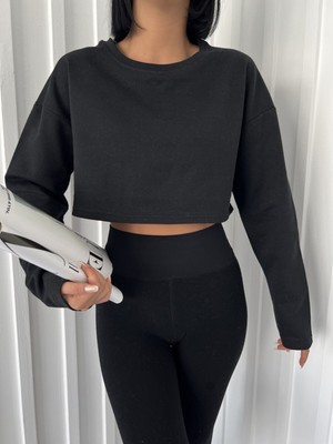 Daily Fashion Siyah Crop Bisiklet Yaka Sweatshirt Y2K Daily