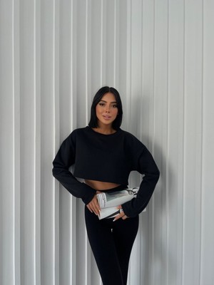 Daily Fashion Siyah Crop Bisiklet Yaka Sweatshirt Y2K Daily